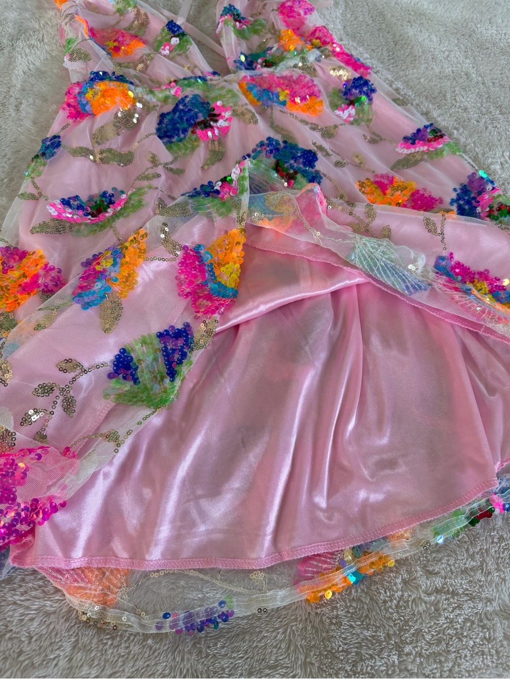 Boutique V Neck Open Back Sequined Floral Tie A Line Mini Dress sz M - Picture 11 of 12